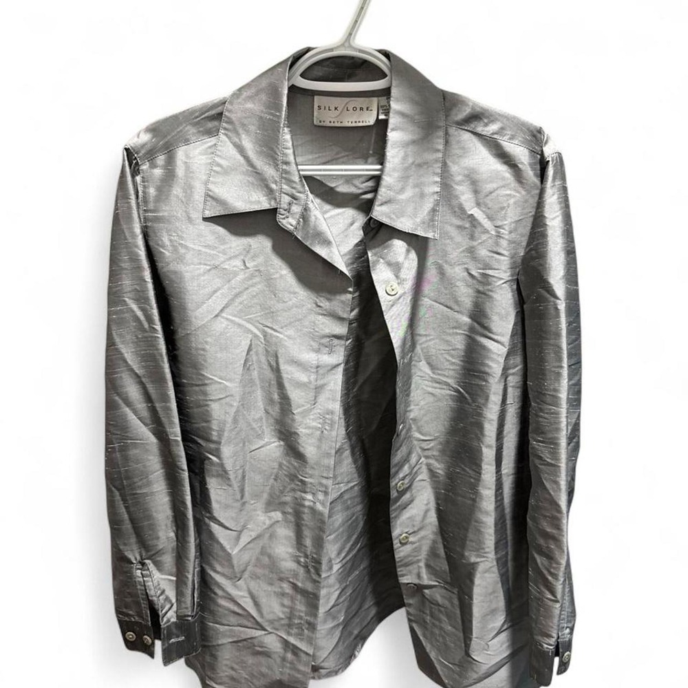 90s Y2K Silk Silver Pop Star Oversized Button Down Shirt Size S